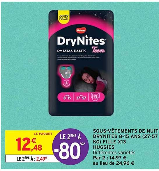 sous-vêtements de nuit dry nites 8-15 ans (27-57 kg) fille x 13 huggies