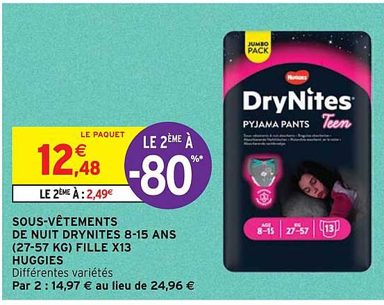 sous-vêtements de nuit drynites 8-15 ans (27-57 kg) fille x 13 huggies