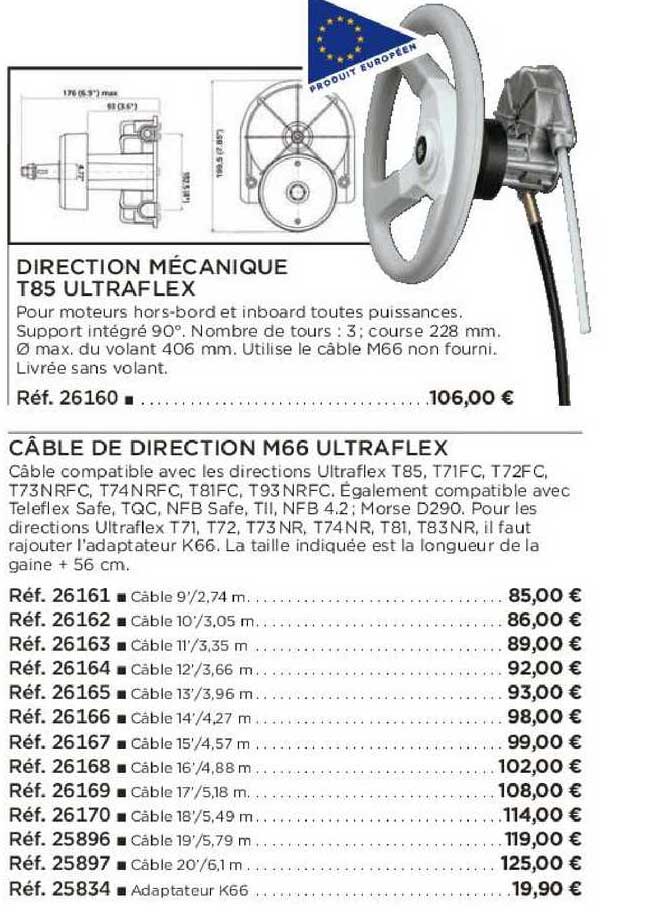 direction mécanique t85 ultraflex câble de direction m66 ultraflex