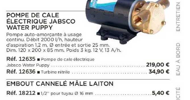 pompe de cale électrique jabsco water puppy embout cannelé mâle laiton