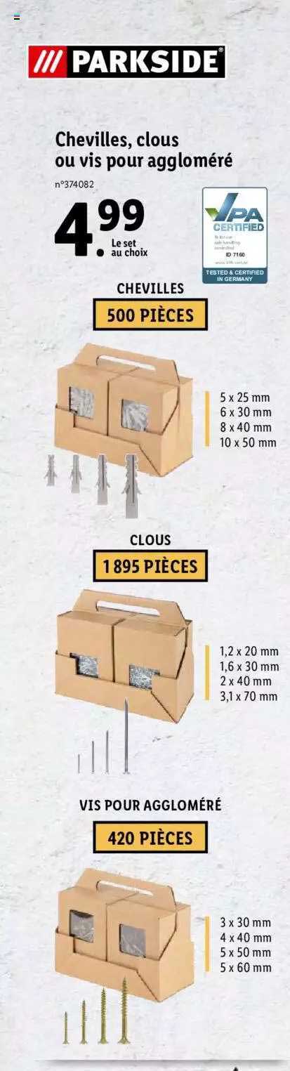 chevilles, clous ou vis pour aggloméré parkside