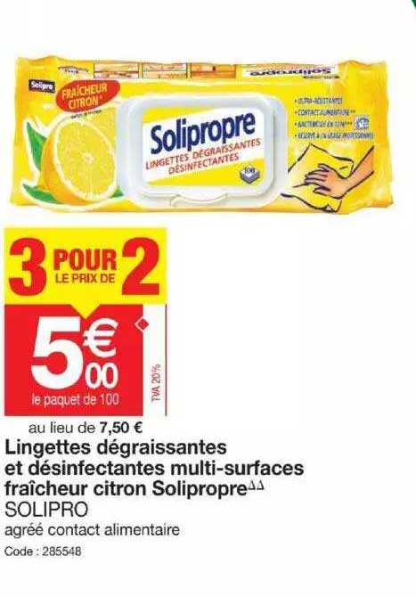 lingettes dégraissantes et désinfectantes multi-surfaces fraîcheur citron solipropre solipro