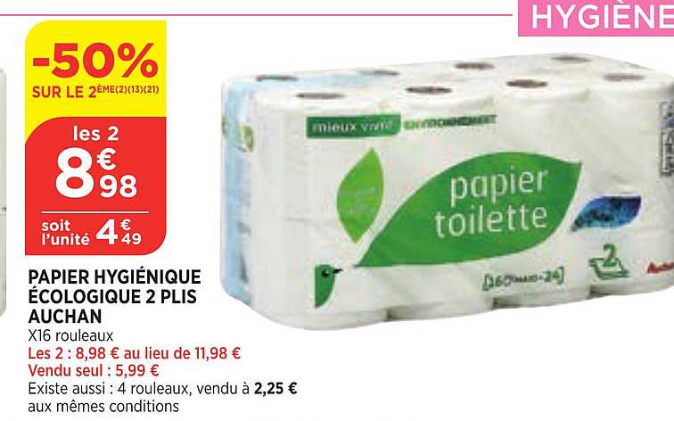 papier hygiénique écologique 2 plis auchan