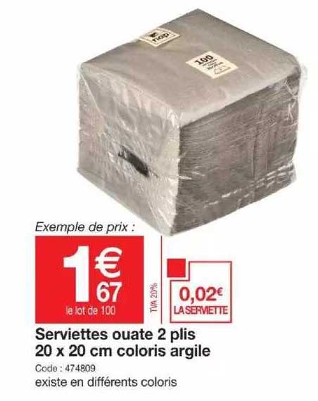serviettes ouate 2 plis 20 x 20 cm coloris argile