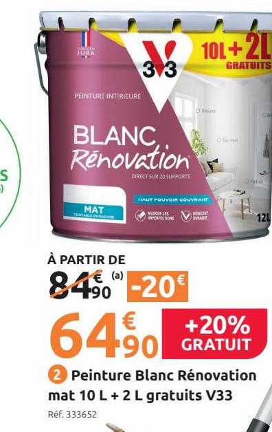 peinture blanc rénovation mat 10l + 2l gratuits v33