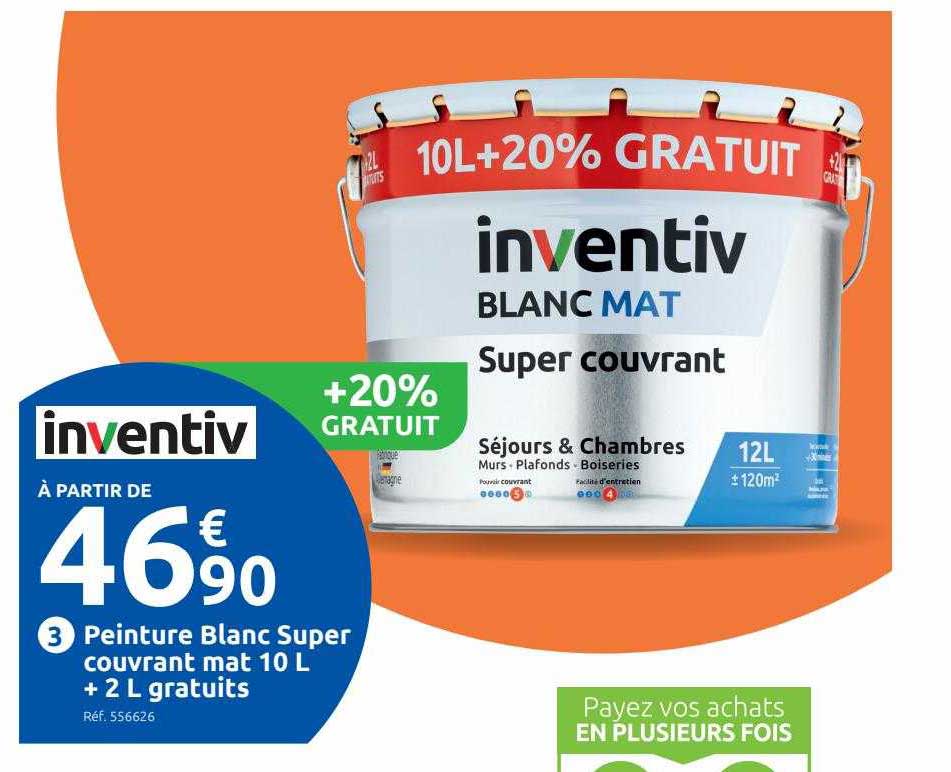 peinture blanc super couvrant mat 10l + 2l gratuits inventiv
