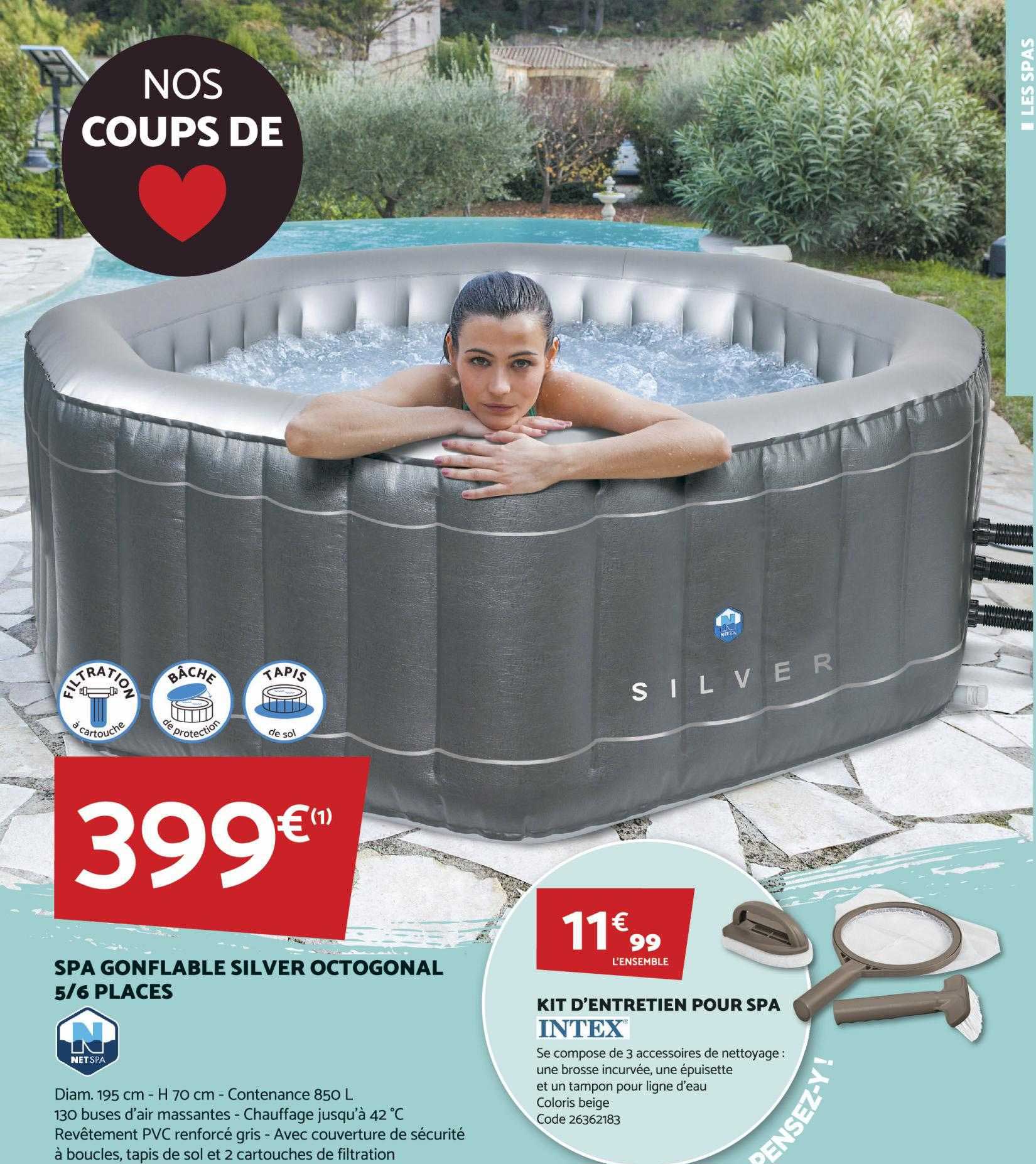 spa gonflable silver octogonal 5-6 places, kit d'entretien pour spa intex