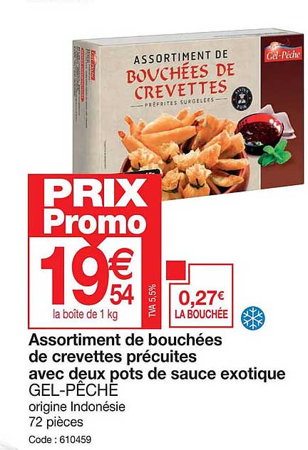 assortiment de bouchées de crevettes précuites avec deux pots de sauce exotique gel-pêche