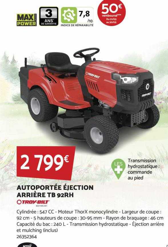 autoportée éjection arrière tb 92rh troy-bilt