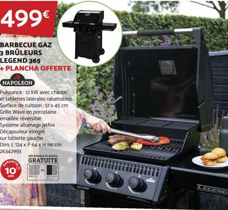barbecue gaz 3 brûleurs legend 365 + plancha offerte napoléon