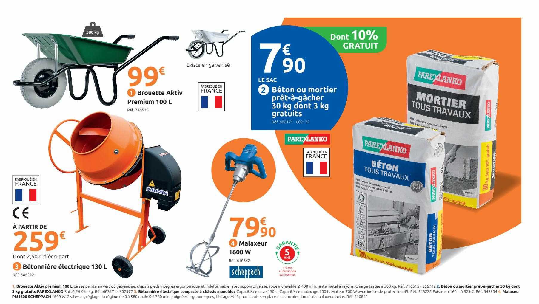 bétonnière électrique 130l, malaxeur 1600w scheppach, brouette aktic premium 100l, béton ou mortier prêt-à-gâcher 30 kg dont 3 kg gratuits parexlanko