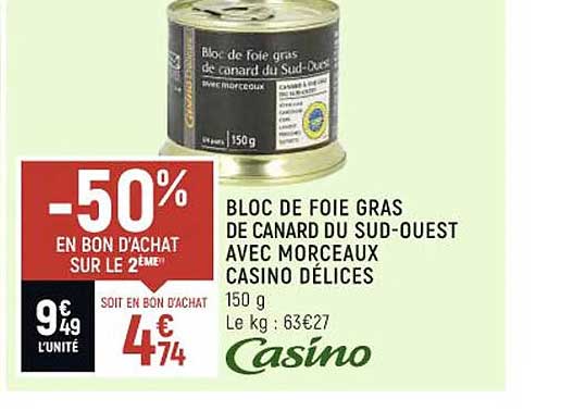 bloc de foie gras de canard du sud-ouest avec morceaux casino délices