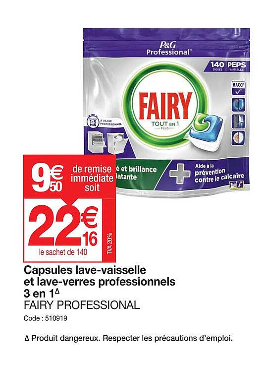 capsules lave-vaisselle et lave-verres professionnels 3 en 1 fairy professional