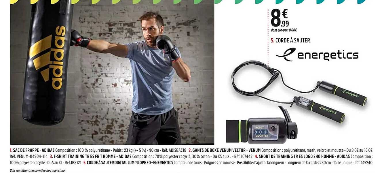 corde à sauter energetics, sac de frappe adidas, gants de boxe venum vector, t-shirts training tr es fr t homme adidas, short de training tr es logo sho homme adidas