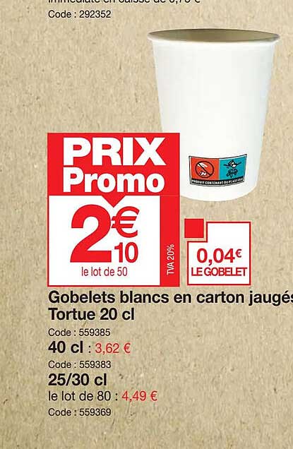 gobelets blancs en carton jaugées tortue 20cl