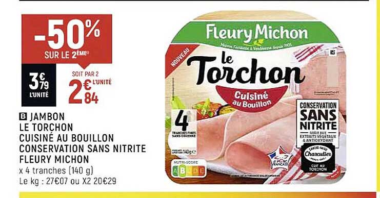 jambon le torchon cuisiné au bouillon conservation sans nitrite fleury michon