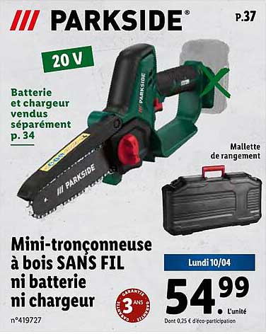 Mini-tronçonneuse à Bois Sans Fil Ni Batterie Ni Chargeur Parkside