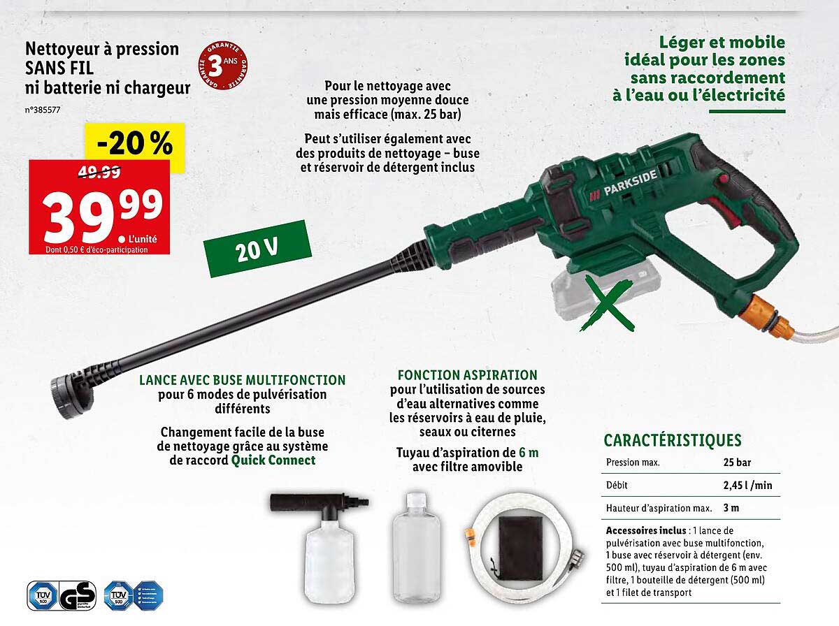 Nettoyeur à Pression Sans Fil Ni Batterie Ni Chargeur Parkside