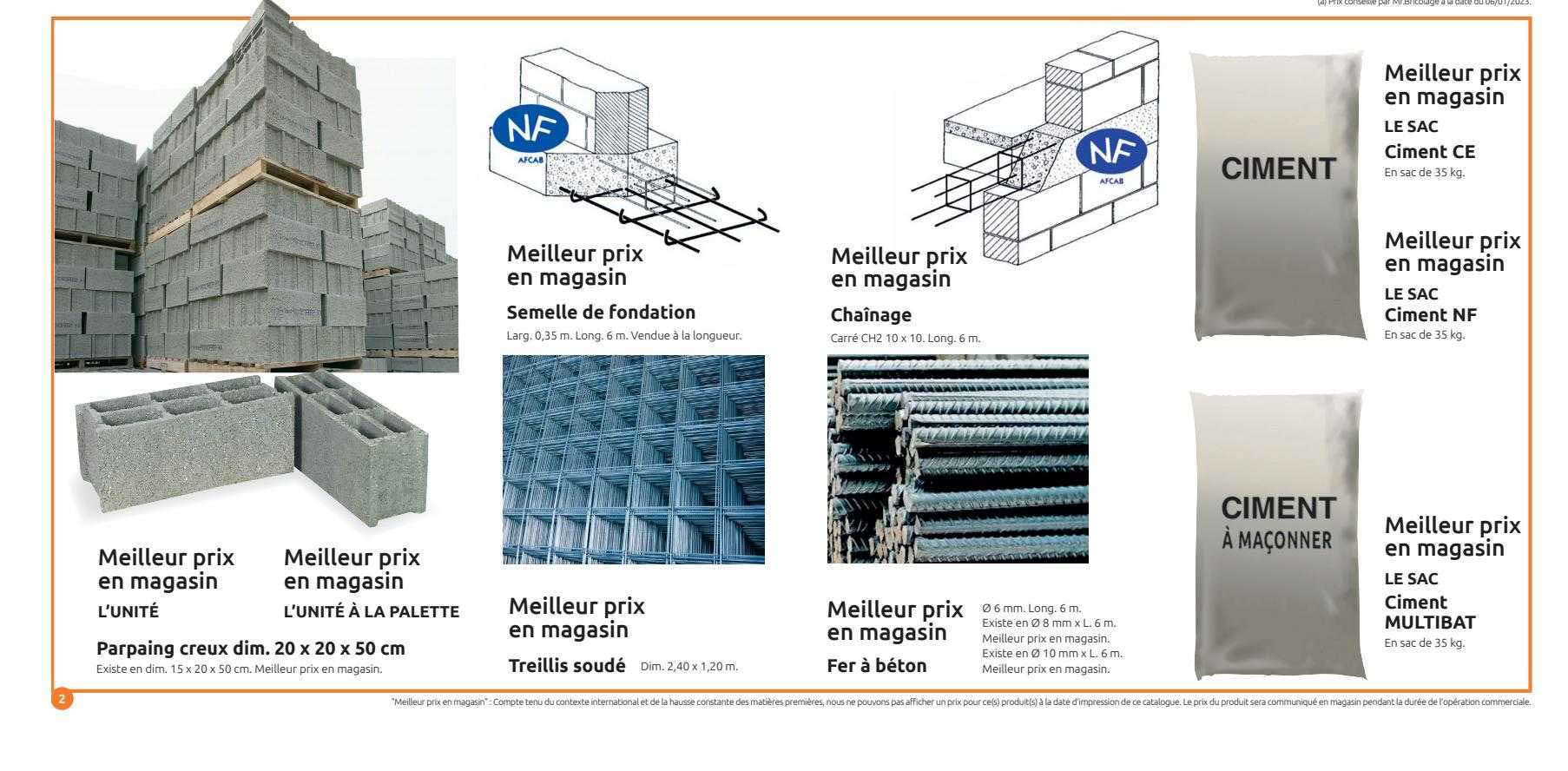 parpaing creux dim. 20 x 20 x 50 cm, treillis soudé, fer à béton, ciment multibat, ciment nf, ciment ce, chaînage, semelle de fondation