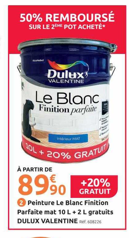 peinture le blanc finition parfaite mat 10l + 2l gratuits dulux valentine