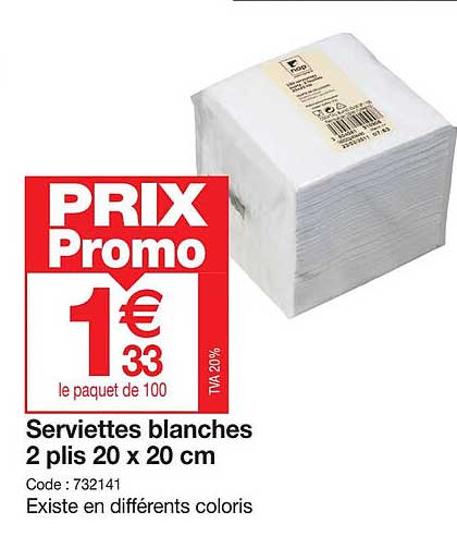 serviettes blanches 2 plis 20 x 20 cm
