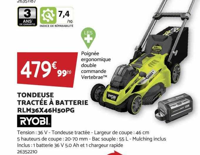 tondeuse tractée à batterie rlm36x46h50pg ryobi
