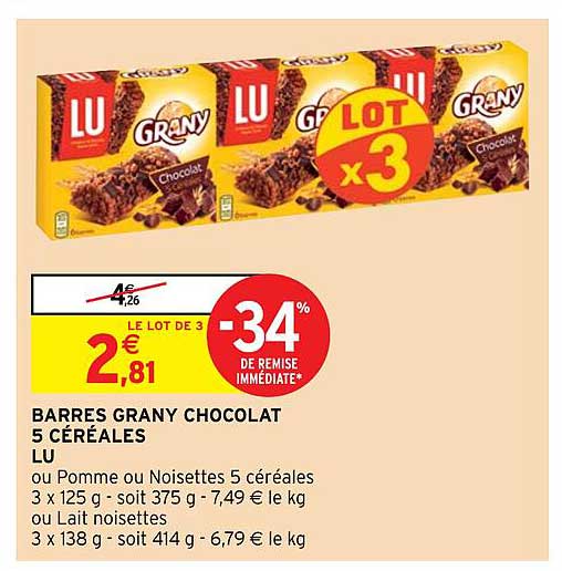 barres grany chocolat 5 céréales lu