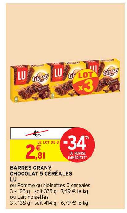 barres grany chocolat 5 céréales lu