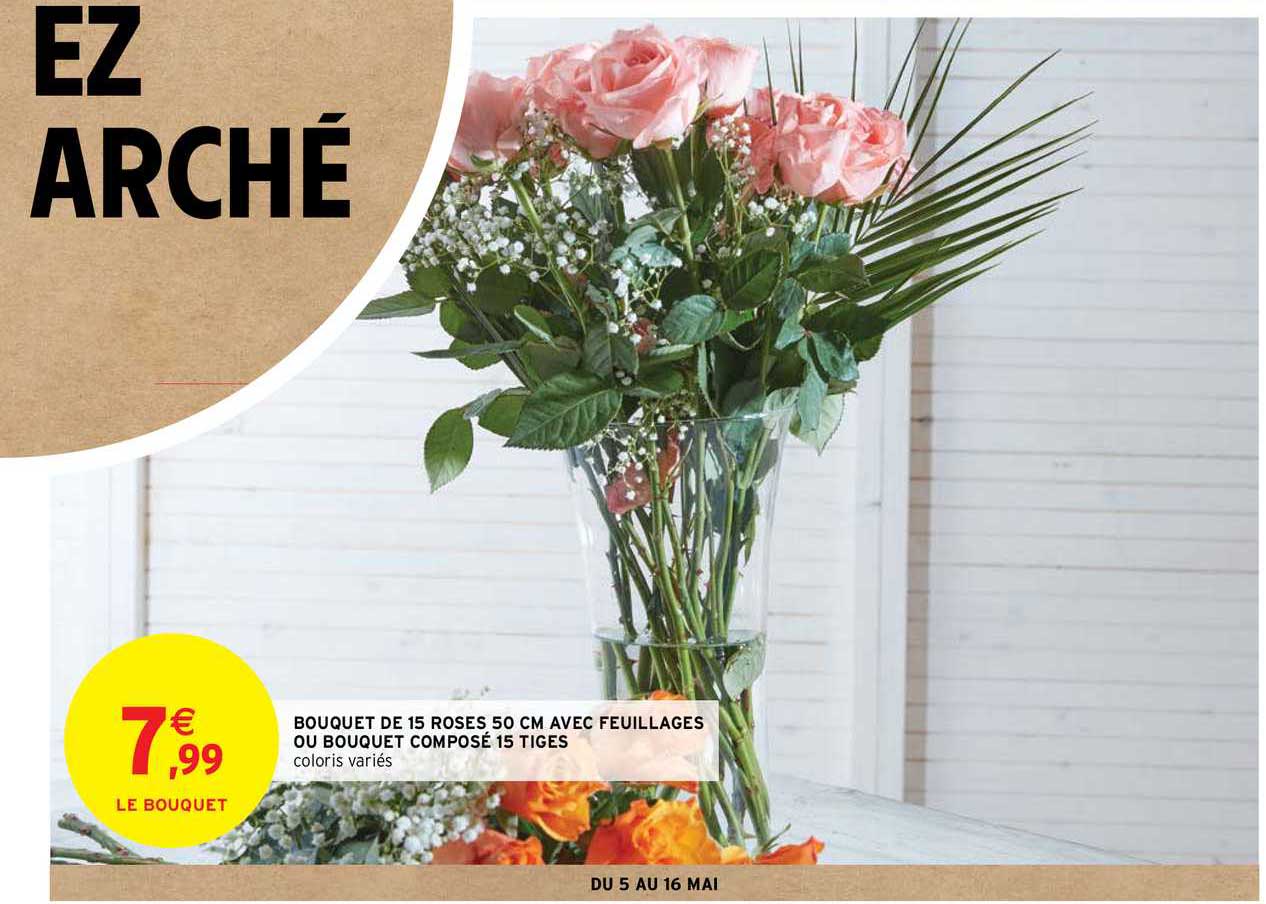 bouquet de 15 roses 50 cm avec feuillages ou bouquet composé 15 tiges