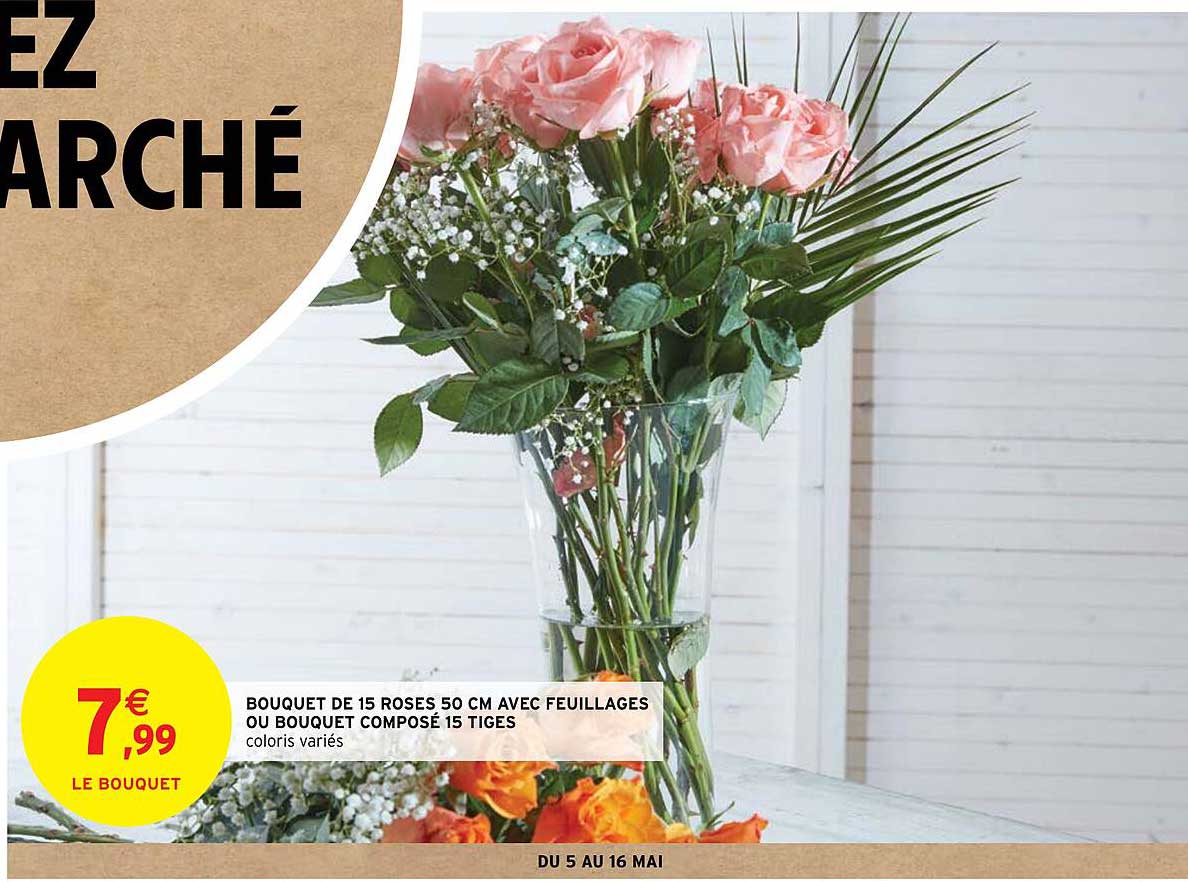 bouquet de 15 roses 50 cm avec feuillages ou bouquet composé 15 tiges