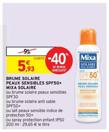 brume solaire peau sensibles spf50+ mixa solaire