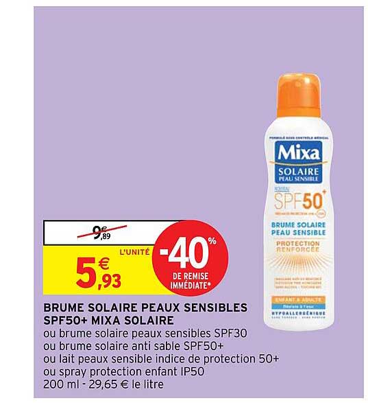 brume solaire peaux sensibles spf50+ mixa solaire