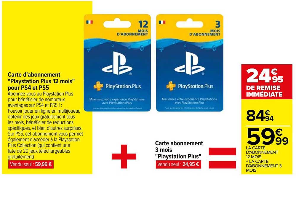 carte d'abonnement "playstation plus 12 mois" pour ps4 et ps5 + carte abonnement 3 mois "playstation plus"