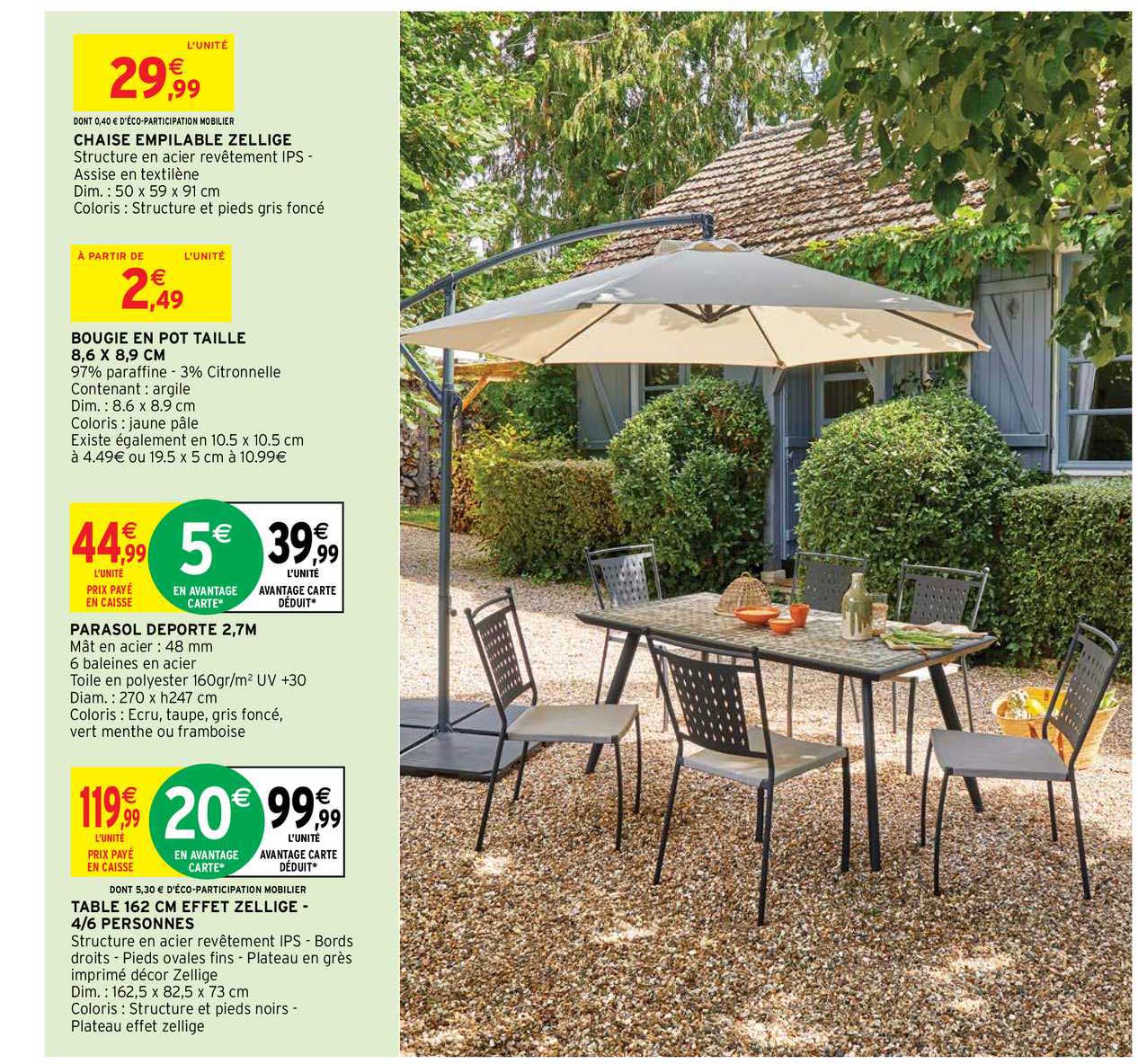chaise empilable zellige, bougie en pot taille 8,6 x 8,9 cm, parasol deporté 2,7 m, table 162 cm effet zellige - 4-6 personnes