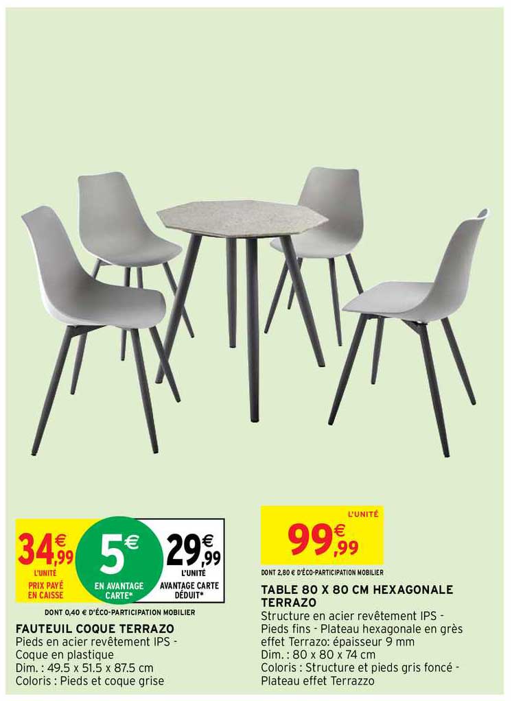 fauteuil coque terrazo, table 80 x 80 cm hexagonale terrazo