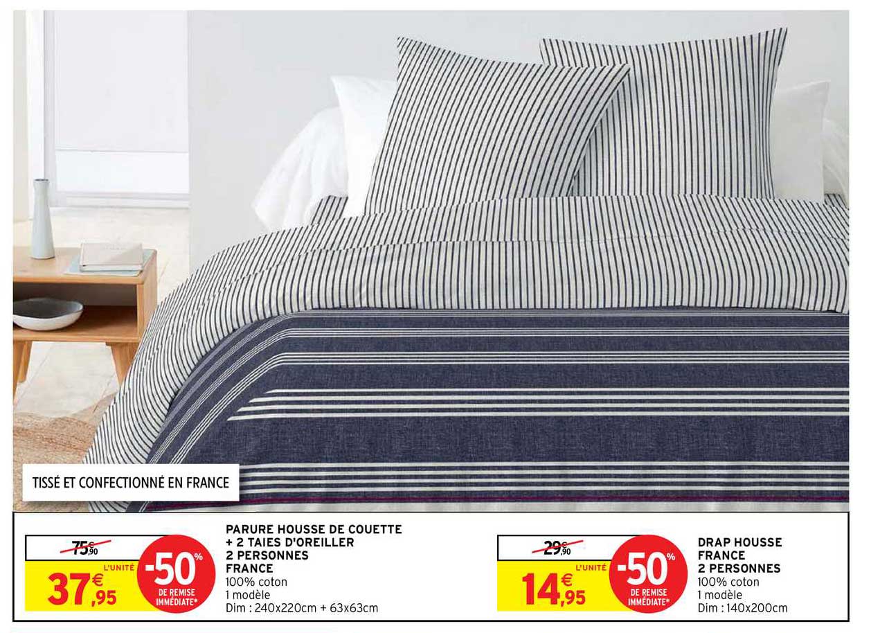 parure housse de couette + 2 taies d'oreiller 2 personnes france, drap housse france 2 personnes
