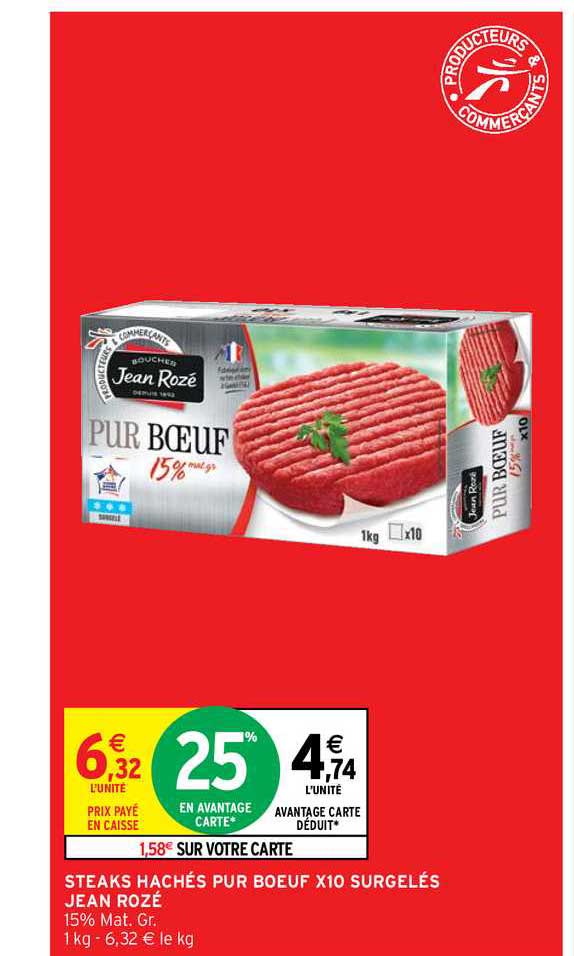 Steaks Hachés Pur Boeuf X10 Surgelés Jean Rozé