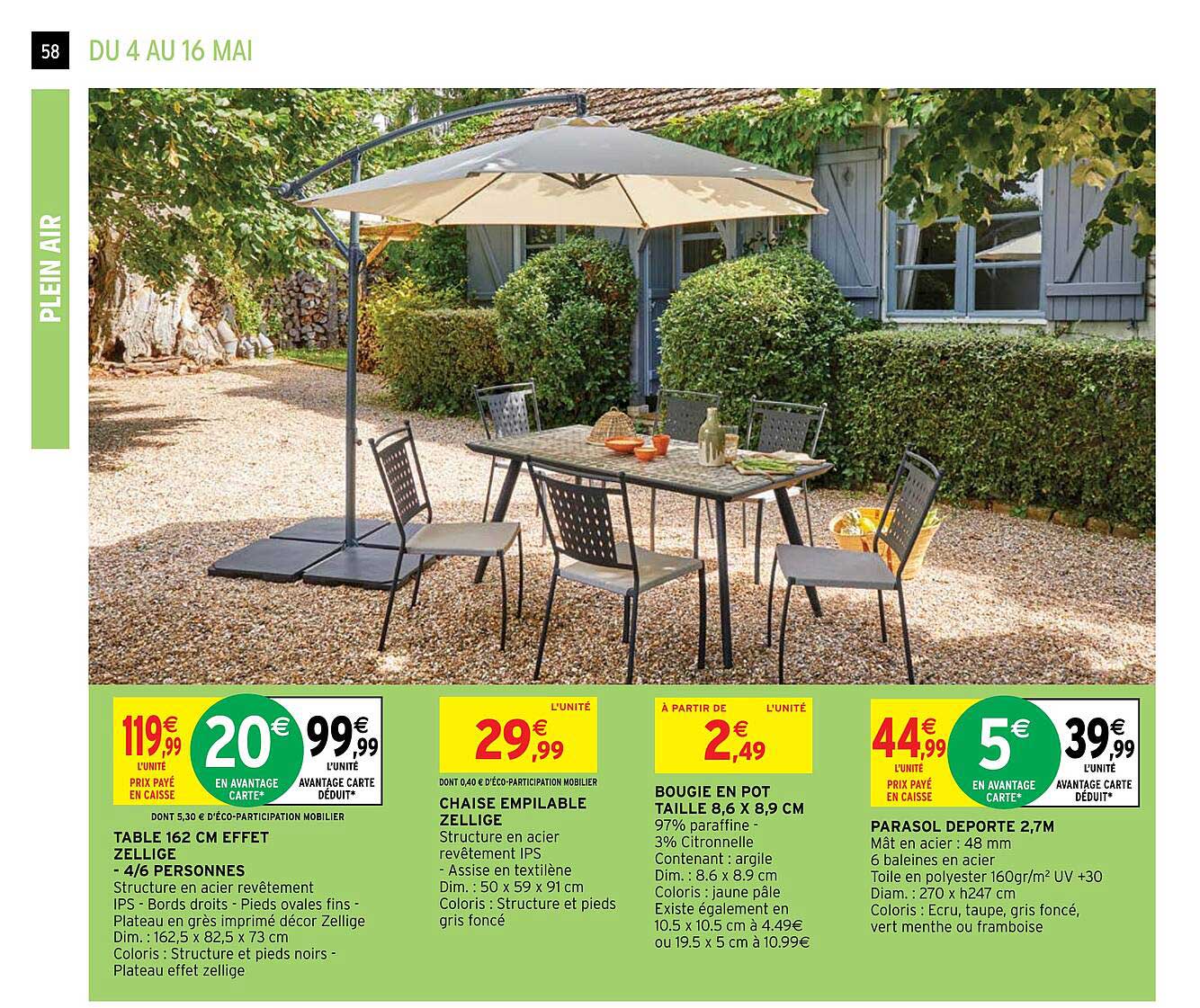 table 162 cm effet zellige - 4-6 personnes, chaise empilable zellige, bougie en pot taille 8.6 x 8.9 cm, parasol deporte 2,7 m
