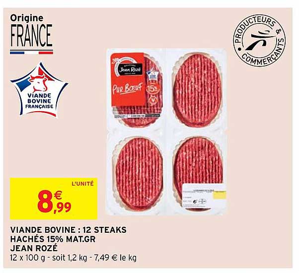 viande bovine : 12 steaks chachés 15% mat.gr. jean rozé