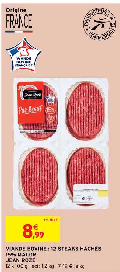 viande bovine : 12 steaks hachés 15% mat. gr. jean rozé