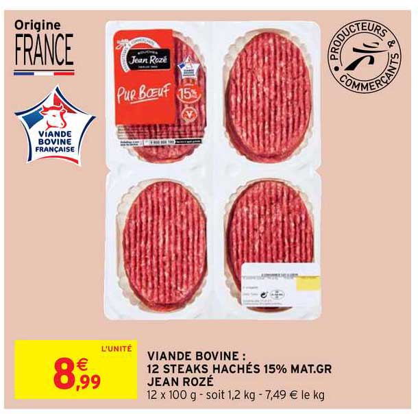 viande bovine : 12 steaks hachés 15% mat.gr. jean rozé