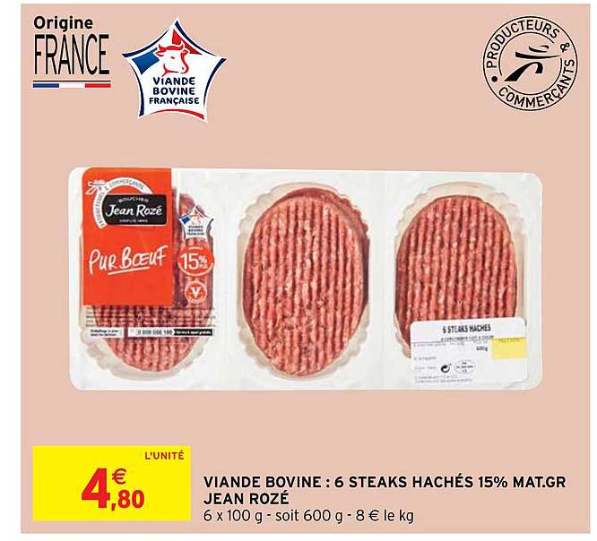 viande bovine : 6 steaks hachés 15% mat.gr. jean rozé