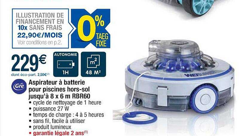 aspirateur à batterie pour piscines hors-sol jusqu'au 8 x 6 m rbr60 gre