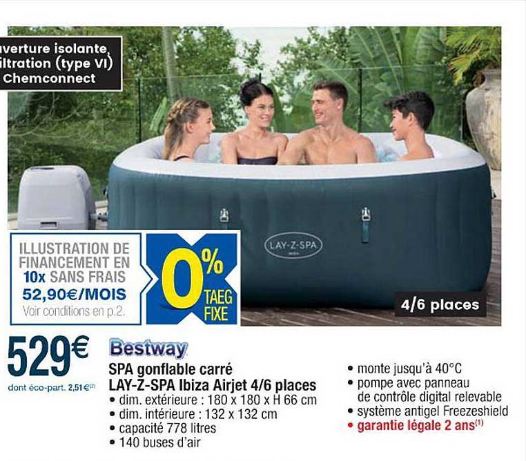 bestway spa gonflable carré lay-z-spa ibiza airjet 4 6 places