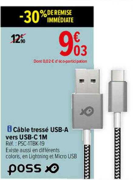 câble tressé usb-a vers usb-c 1m poss -30% de remise immédiate