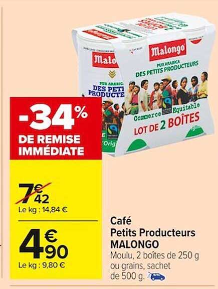café petits producteurs malongo -34% de remise immédiate