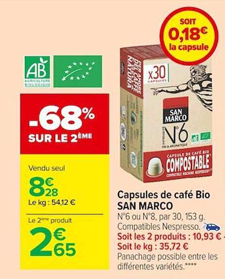 capsules de café bio san marco -68% sur le 2ème