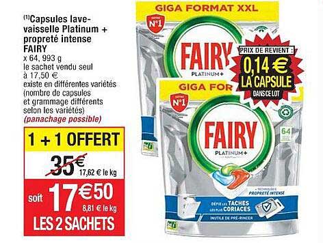 capsules lave-vaisselle platinium + propreté intense fairy 1+1 offert