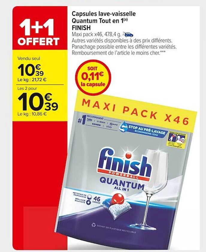 capsules lave-vaisselle quantum tout en 1 finish 1+1 offert