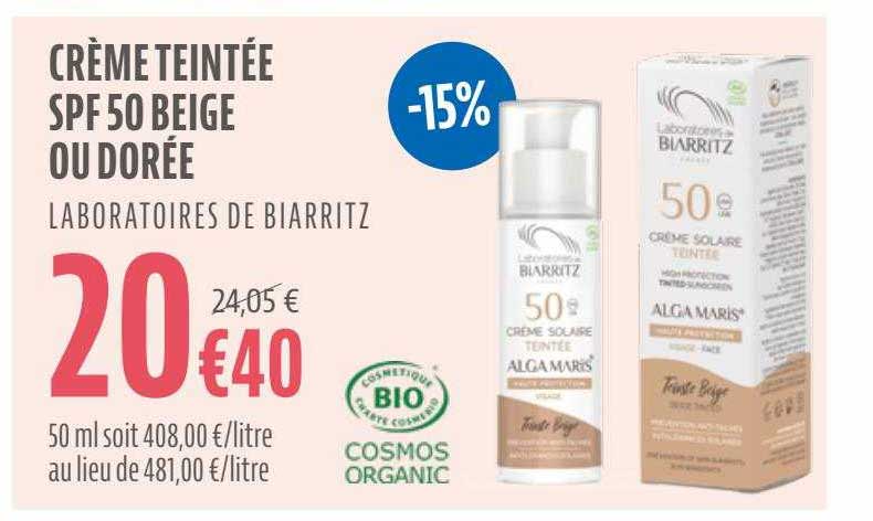 crème teintée spf 50 beige ou dorée laboratoire de biarritz